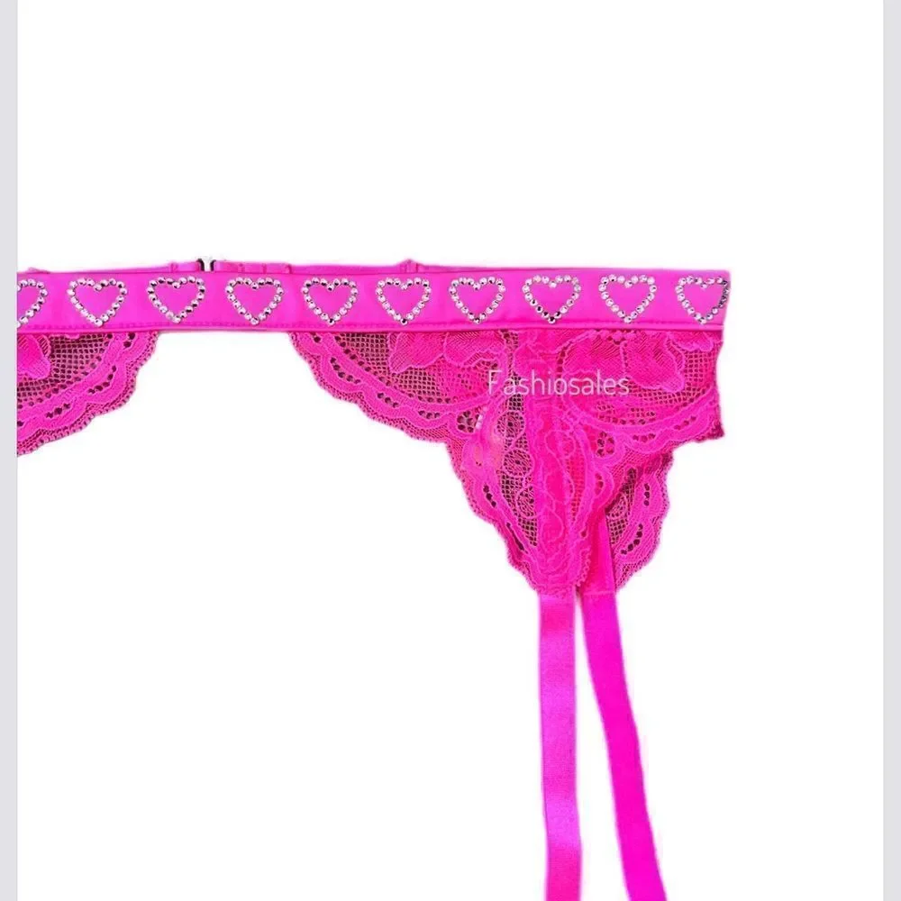Victoria’s Secret Very Sexy Pink Lace Crystal Hearts Strap Garter Belt Pink Xs/S